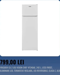 VISION CHEF FRIGIDER CU 2 USI VF240AE, 242 L, LESS FROST, ILUMINARE LED, TERMOSTAT REGLABIL, USI REV