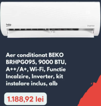 Aer conditionat BEKO BRHPG095, 9000 BTU, A++/A+, Wi-Fi, Functie Incalzire, Inverter, kit instalare i