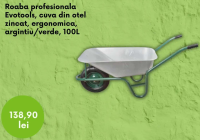 Roaba profesionala Evotools, cuva din otel zincat, ergonomica, argintiu/verde, 100L