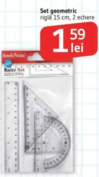 Set geometric riglă 15 cm, 2 echere