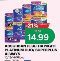 Always Absorbante Ultra Night Platinum Duo/ Superplus 10/12/14/16 buc