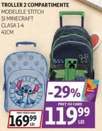 TROLLER 2 COMPARTIMENTE MODELELE STITCH ȘI MINECRAFT CLASA 1-4 41CM