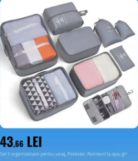 Set 9 organizatoare pentru voiaj, Poliester, Rezistent la apa, gri