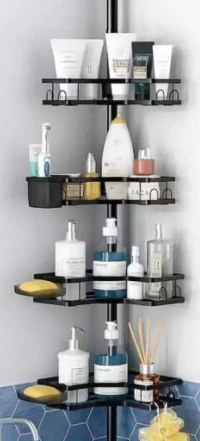 Vivendo Etajera Baie Colt Telescopica, Raft Organizator Dus, 110-305 cm, 4 Polite Reglabile, Negru M