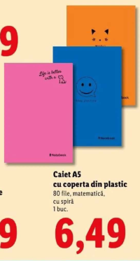 Caiet A5 cu coperta din plastic 80 file, matematică, cu spiră 1 buc.
