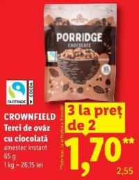 CROWNFIELD Terci de ovăz cu ciocolată amestec instant 65 g