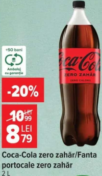 Coca-Cola zero zahăr/Fanta portocale zero zahăr 2L