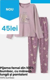 Pijama femei din 100% bumbac, cu mânecă lungă și pantaloni 100% bumbac