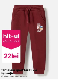 Pantaloni sport băieți cu aplicație, 85% bumbac, 15% poliester