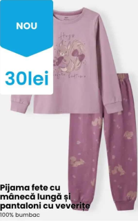 Pijama fete cu mânecă lungă și pantaloni cu veverițe 100% bumbac