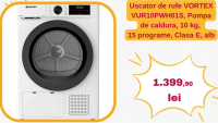 Uscator de rufe VORTEX VUR10PWH01S, Pompa de caldura, 10 kg, 15 programe, Clasa E, alb