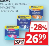 Always Mega Pack Absorbante Împachetări 36/40/48/56 buc
