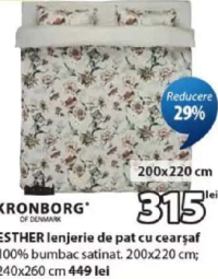 KRONBORG ESTHER lenjerie de pat cu cearșaf 100% bumbac satinat 200x220 cm