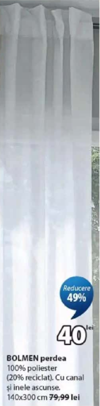 BOLMEN perdea 100% poliester (20% reciclat) Cu canal și inele ascunse 140x300 cm