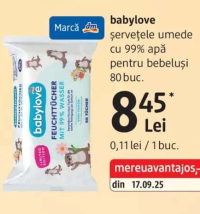 babylove șervețele umede cu 99% apă pentru bebeluși 80 buc.