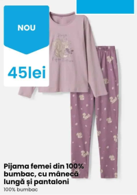 Pijama femei din 100% bumbac, cu mânecă lungă și pantaloni 100% bumbac