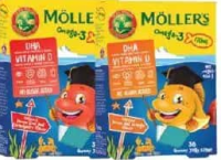 Möller's Peștișori gumați cu Omega-3, aromă de lămâie verde și căpșuni/lămâie și portocale 36 jeleur