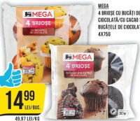 Mega 4 Brioșe cu bucăți de ciocolată/cu cacao și bucățele de ciocolată, 4x75g