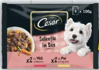 Cesar Hrană completă pentru câini adulți, selecții cu pui și legume și vită și morcovi, 4x100g