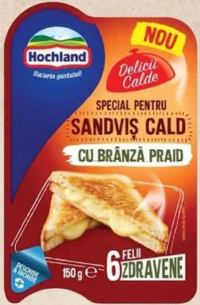 Brânză felii pentru sandviș cald, Hochland cu cheddar/brânză Praid, 150 g