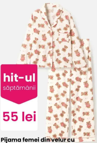 Pijama femei din velur cu ursuleți și mânecă lungă