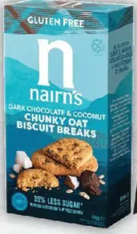 NAIRN'S BISCUIȚI PUFOȘI FĂRĂ GLUTEN DIN OVĂZ INTEGRAL, CU CIOCOLATĂ ȘI COCOS/CU AFINE ȘI ZMEURĂ, 160