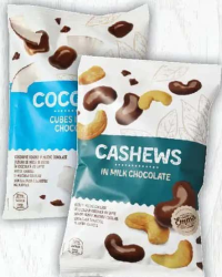 EMMA Migdale în ciocolată albă cu nucă de cocos 125g/Nuci caju în ciocolată cu lapte/Cuburi de nucă