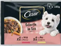 Cesar Hrană completă pentru câini adulți, selecții cu pui și legume, vită și morcovi, 4x100g