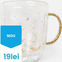 Cană din sticlă cu perete dublu și model de iarnă 350 ml