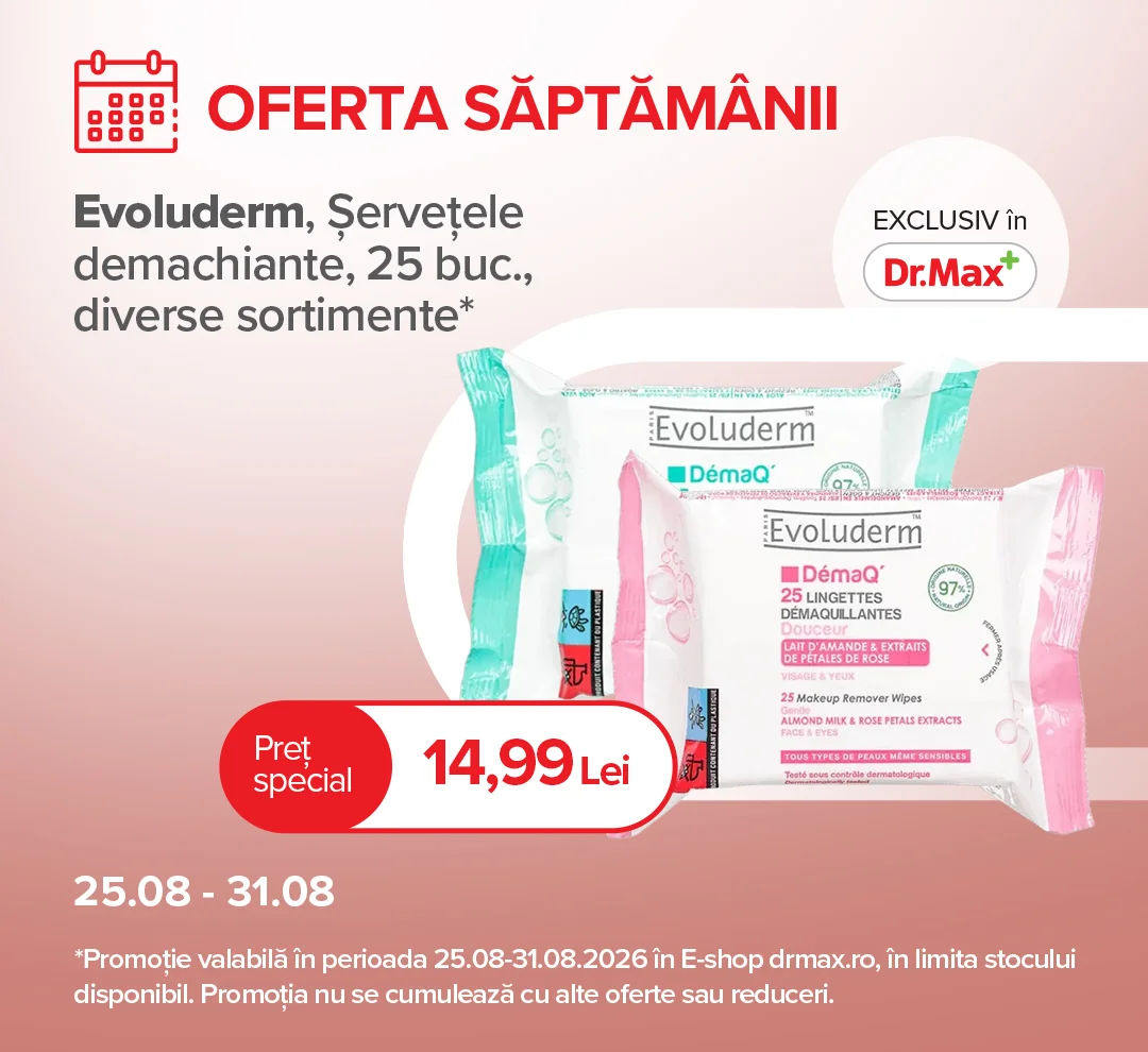 Dr. Max: Oferta săptămânii – Evoluderm șervețele demachiante, 25 buc.